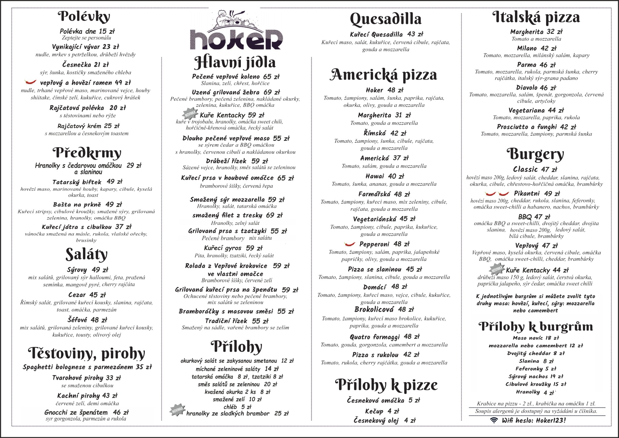 Originální jídelní lístek restaurace Hoker v češtině