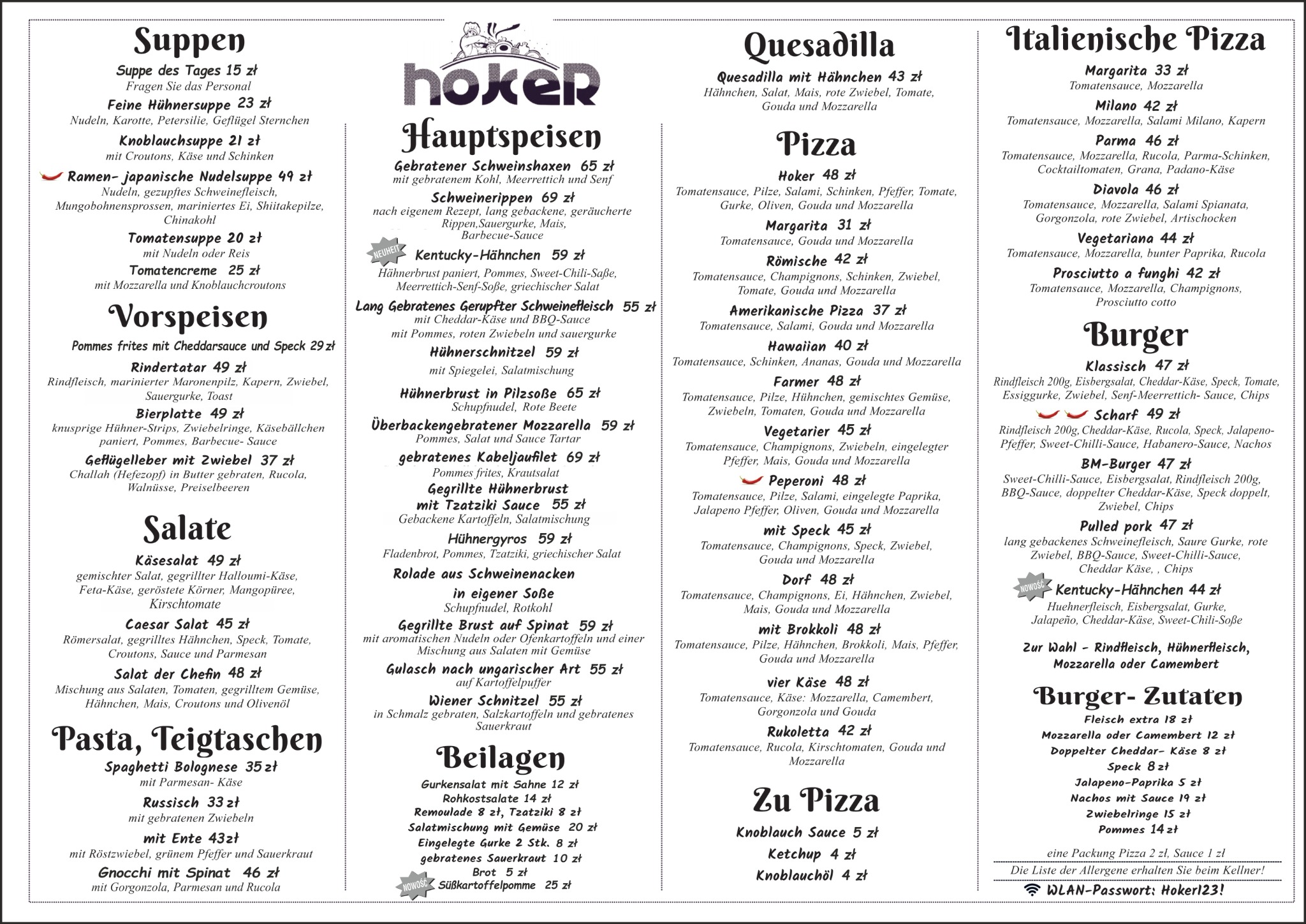 Original-Speisekarte des Restaurants Hoker auf Deutsch